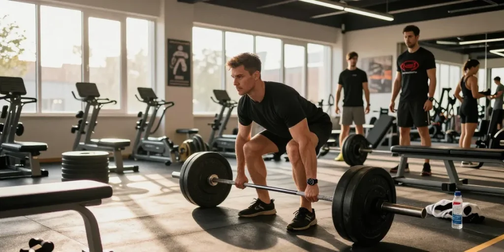 Kraftsportler hebt Gewichte in einem hellen Fitnessstudio und zeigt die Fitnesskultur und Hingabe von Anabolika Shop Deutschland.