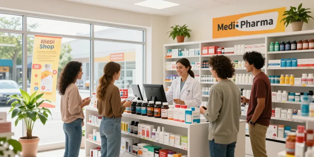 Fesselnde Szene im Medi Pharma Shop mit Kunden, die Gesundheitsprodukte erkunden, und freundlicher Unterstützung durch den Apotheker.