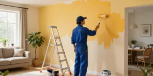Maler Heidelberg Günstig: Professioneller Maler in modernem Wohnzimmer während der Renovierungsarbeiten.
