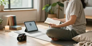 Individuum mit Persönlichkeitsentwicklung Tipps in ruhigem Home Office bei der Meditation.