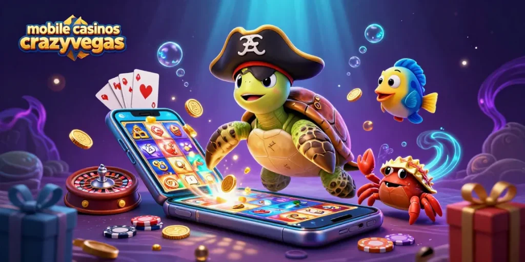Experience mobile casinos crazyvegas with a cartoon turtle and treasures amidst vibrant gaming elements.