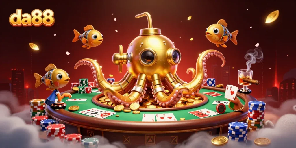 Experience winning thrills with da88 in a vibrant 3D casino scene filled with poker action.