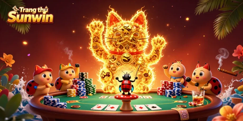 Experience the enchanting world of Trang chủ Sunwin with the lucky cat waving amidst vibrant casino elements.