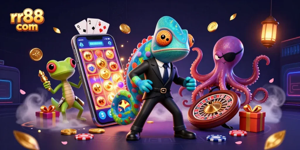 Experience thrilling gaming action at rr88 com with a captivating 3D casino scene featuring vibrant action elements.