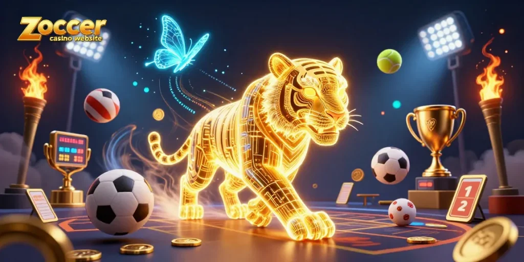 Experience the excitement of the zoccer casino website with a vibrant 3D casino illustration showcasing dynamic elements.