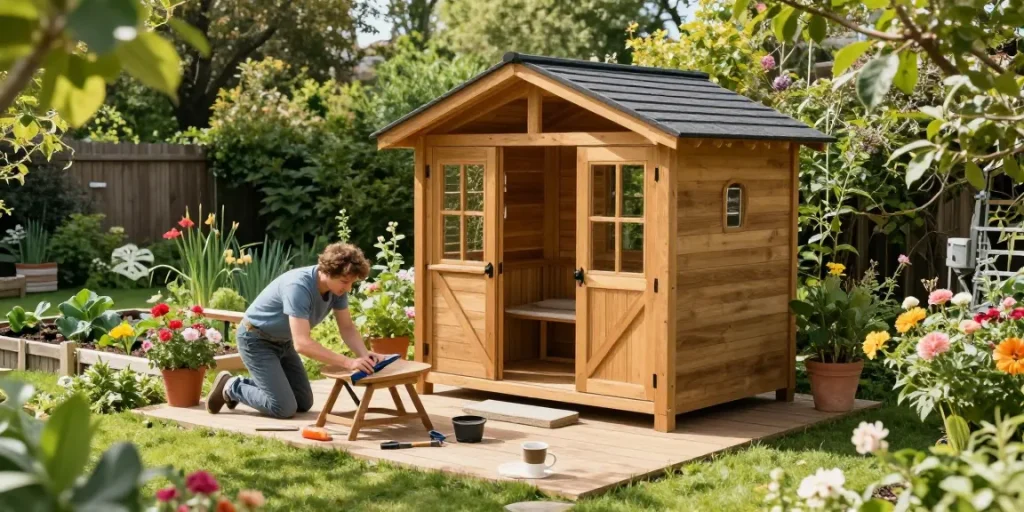 Hochwertiges Gartenhaus aus Holz in einem blühenden Garten mit Bäume und Pflanzen.