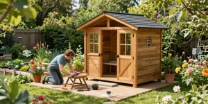Hochwertiges Gartenhaus aus Holz in einem blühenden Garten mit Bäume und Pflanzen.