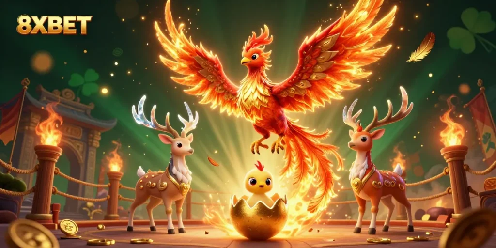 Experience thrilling wins with 8XBET, illustrated by a vibrant scene of phoenixes and golden rewards.