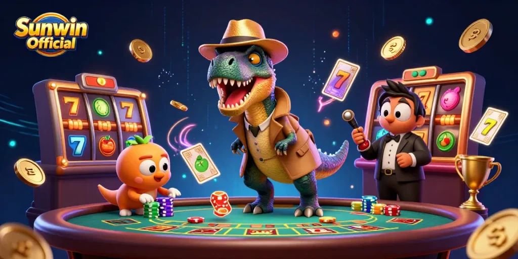 Play at Sunwin Official's dynamic blackjack scene with a cartoon velociraptor card counter and thrilling gameplay elements.