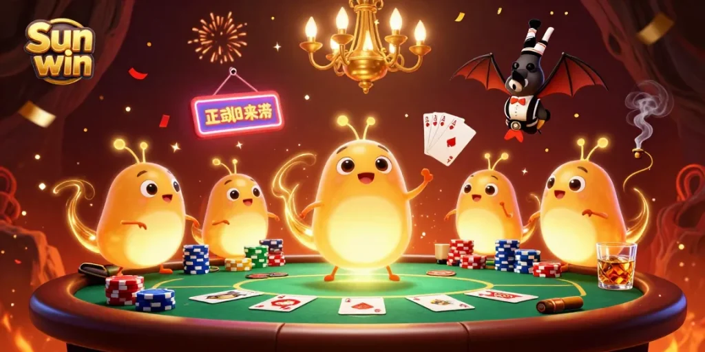 Experience Sun win in this vibrant casino scene with glowworms and poker elements lighting up the action.