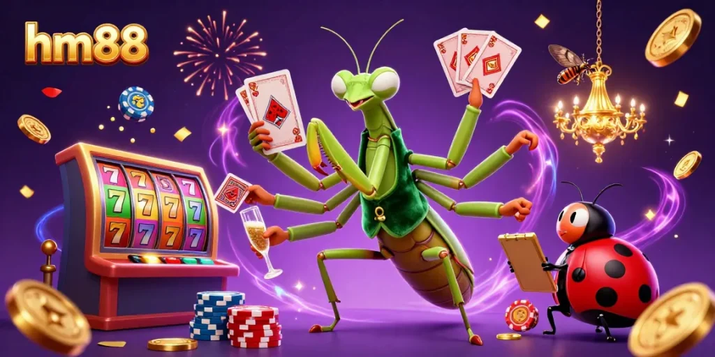 Enjoy thrilling gameplay at hm88 with a giant mantis dealer and vibrant slot elements.