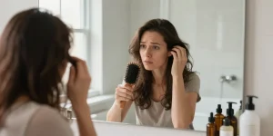 Woman addressing frauen haarausfall in her bathroom, examining hair thinning with concern.
