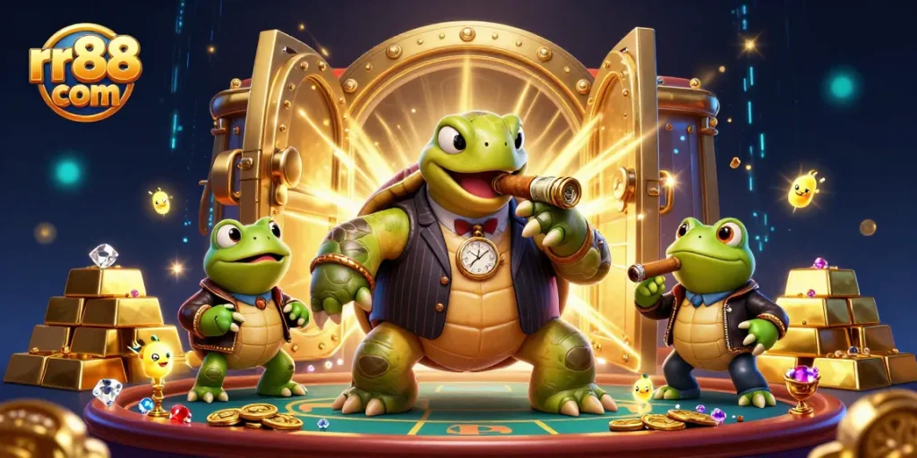 Experience thrilling gameplay at rr88 com with a vibrant casino scene featuring charismatic characters and dazzling treasures.