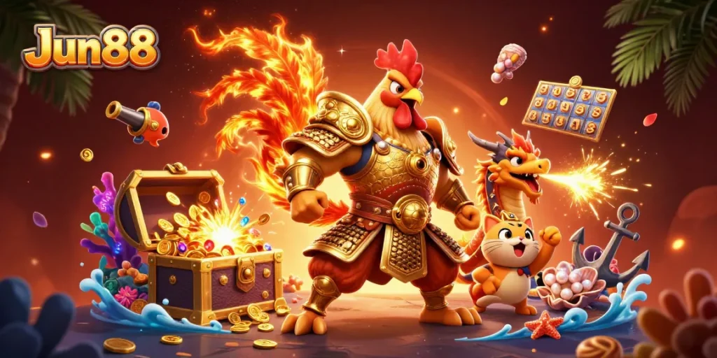 Experience the thrill of Jun88's gaming with a vibrant 3D illustration of a rooster warrior and dragon hatchling.