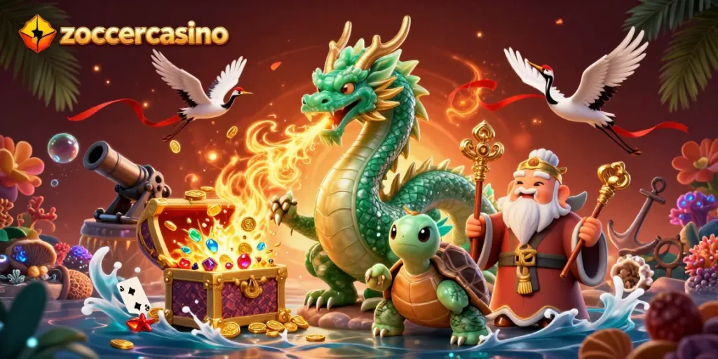 Zoccercasino bietet ein visuelles Abenteuer mit einer Drachenfigur und bunten Spielkarten.