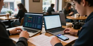 Hitpaw Edimakor im Kontext von Kryptowährung und Blockchain-Technologie, mit einem Laptop, der DeFi-Analysen anzeigt.