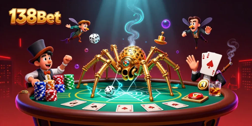 Engage with the thrilling world of 138Bet featuring a steampunk spider and poker themes.