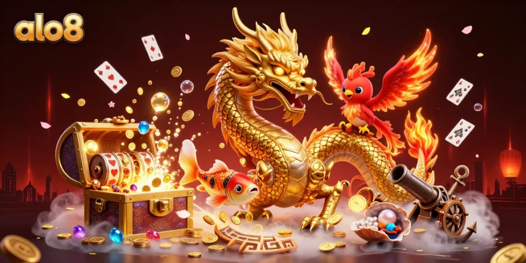 Play slots and win big with alo8 featuring Chinese dragon, phoenix, and koi fish.