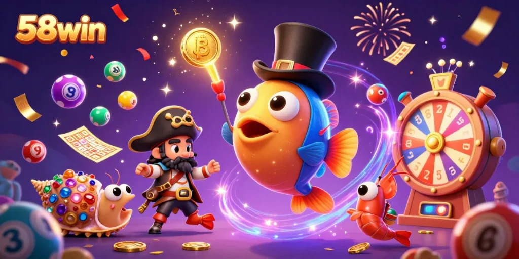 Engage with 58win's vibrant underwater casino scene featuring dynamic characters and lottery elements.