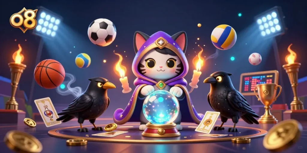 Engage with O8 gaming excitement amidst dynamic sports and casino elements in a vibrant 3D illustration.