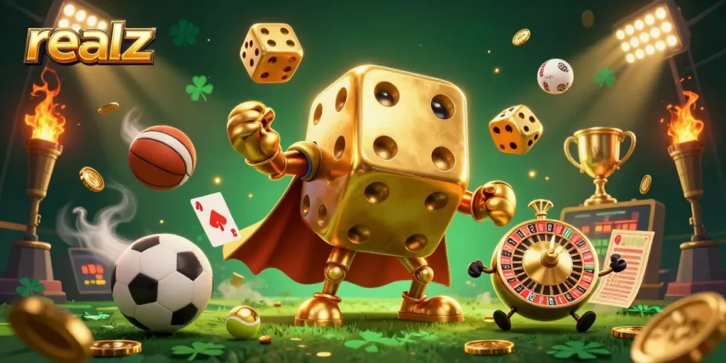 Experience realz casino action with dynamic 3D illustration of golden dice golems and sports elements.