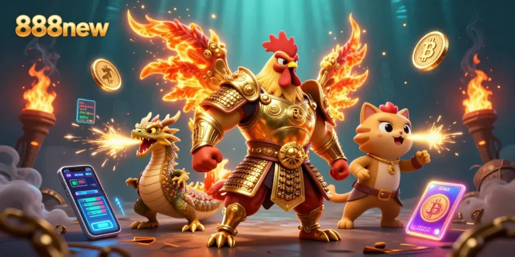 Engage with 888new's thrilling gameplay featuring a fighting rooster warrior and golden dragon amid digital elements.
