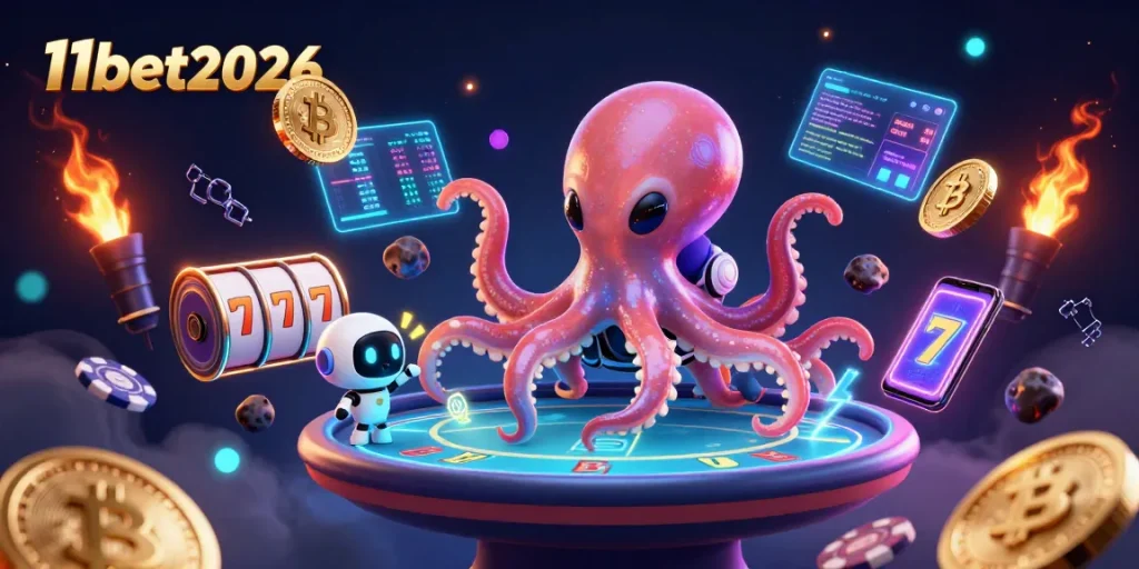Engage in thrilling casino action with 11bet2026's vibrant poker scene featuring a cosmic octopus.