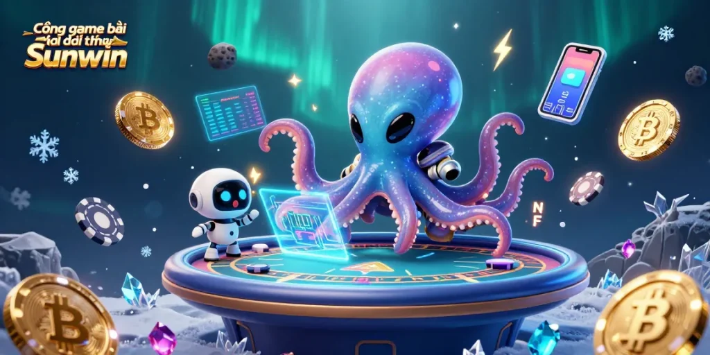 Cổng game bài đổi thưởng Sunwin showcasing an alien octopus at a poker table, surrounded by vibrant cryptocurrency elements.