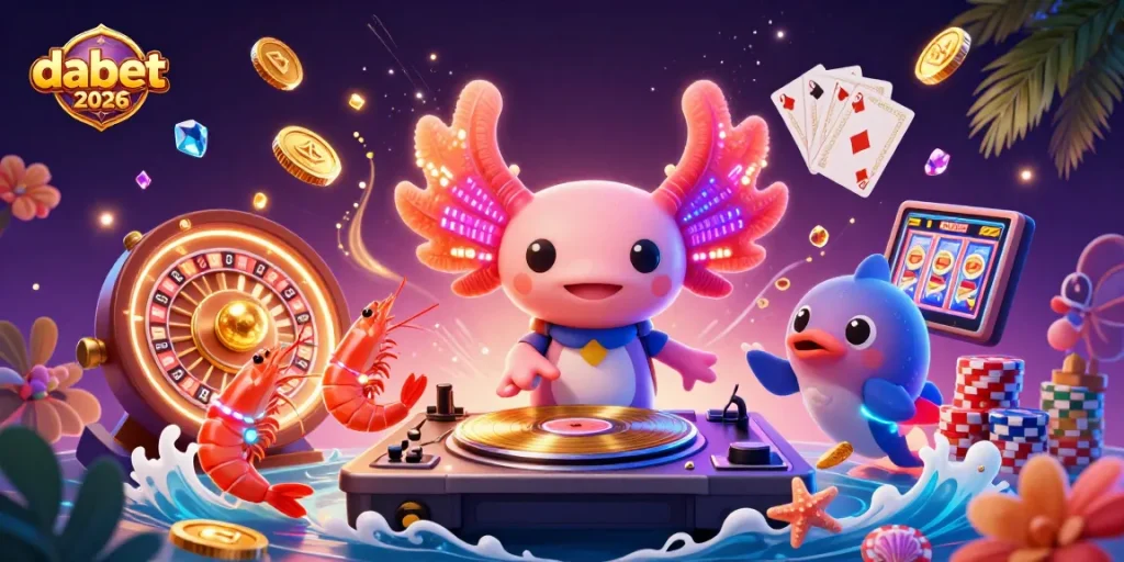 Experience vibrant gaming with dabet2026 featuring a neon axolotl DJ surrounded by casino elements.