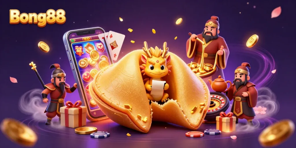 Bong88 offers thrilling casino experiences, showcasing a vibrant 3D gaming scene with dragons and golden fortunes.