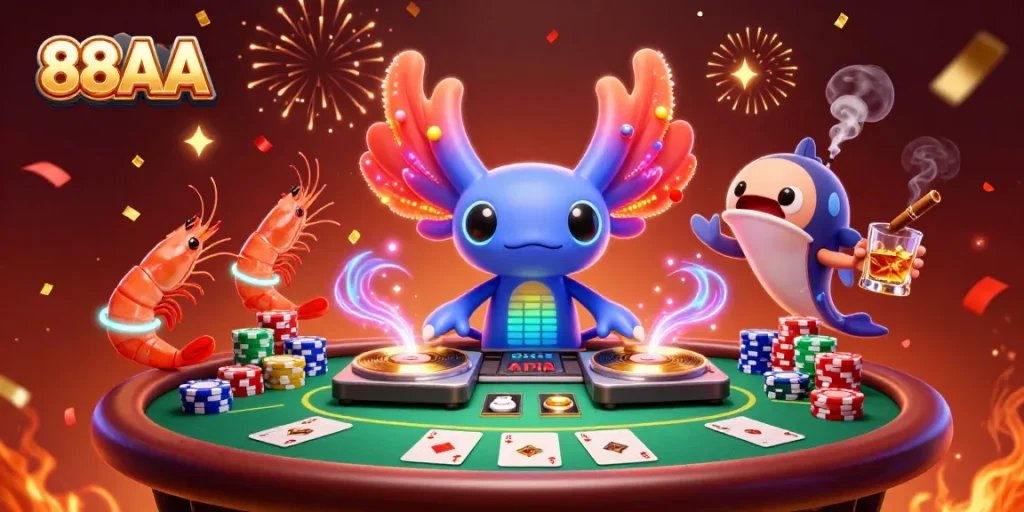 Experience the vibrant energy of 88AA with a lively casino scene featuring playful characters and poker elements.