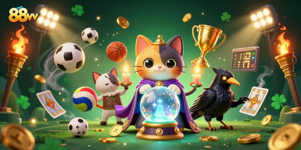 Experience the thrill of 88vv gambling with a vibrant 3D illustration capturing mystical characters and dynamic sports elements.
