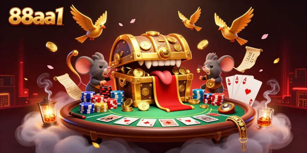Experience exciting casino action with 88aa1, featuring a dynamic treasure chest and poker elements.