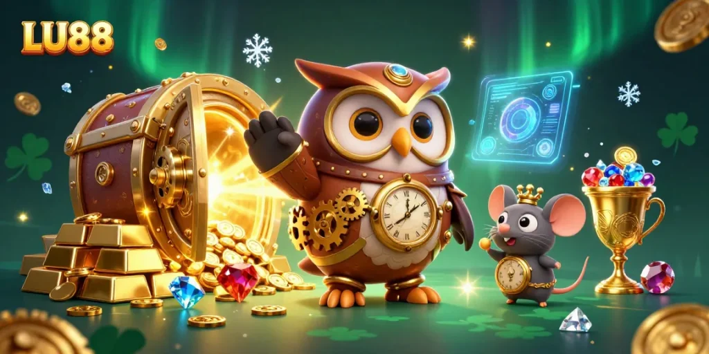 LU88's dynamic casino adventure depicted with a time-traveler owl and treasures bursting forth.