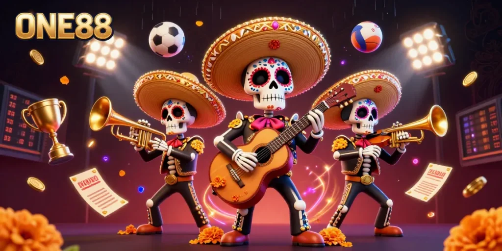 Engage with the fun of ONE88 featuring vibrant mariachis and dynamic sports elements in a festive setting.
