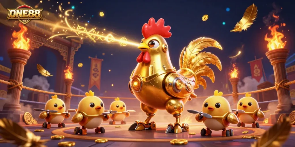 Engage with ONE88's thrilling casino action represented by a golden robot and baby chick drones in a dynamic scene.