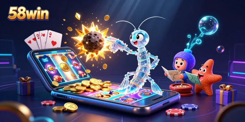Spin and win at 58win with exciting golden gems and coins bursting from an asteroid.