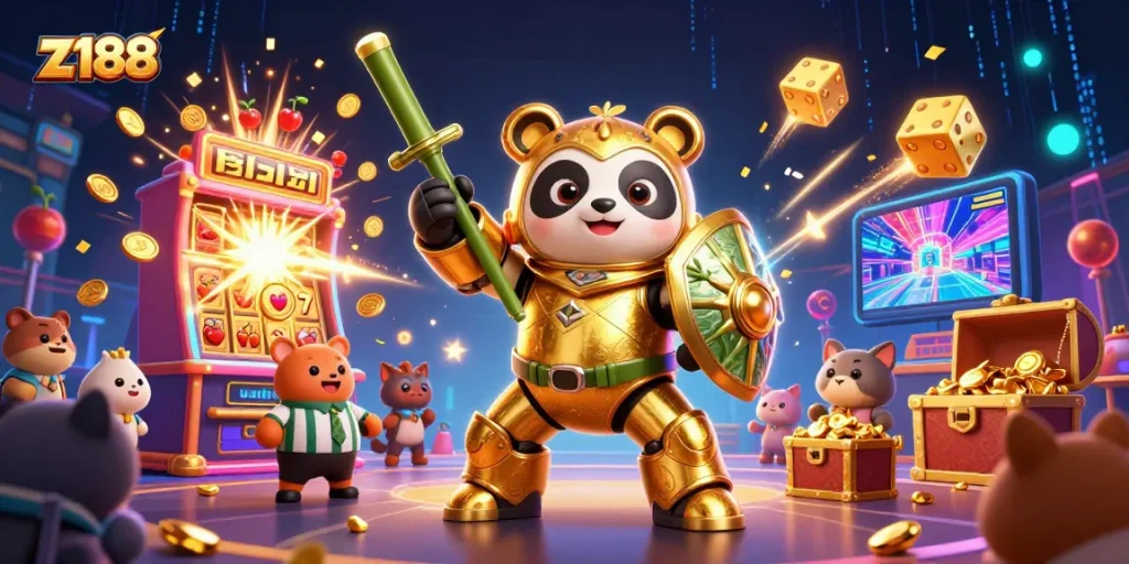 Experience thrilling jackpots and fun with z188 in an action-packed casino illustration.