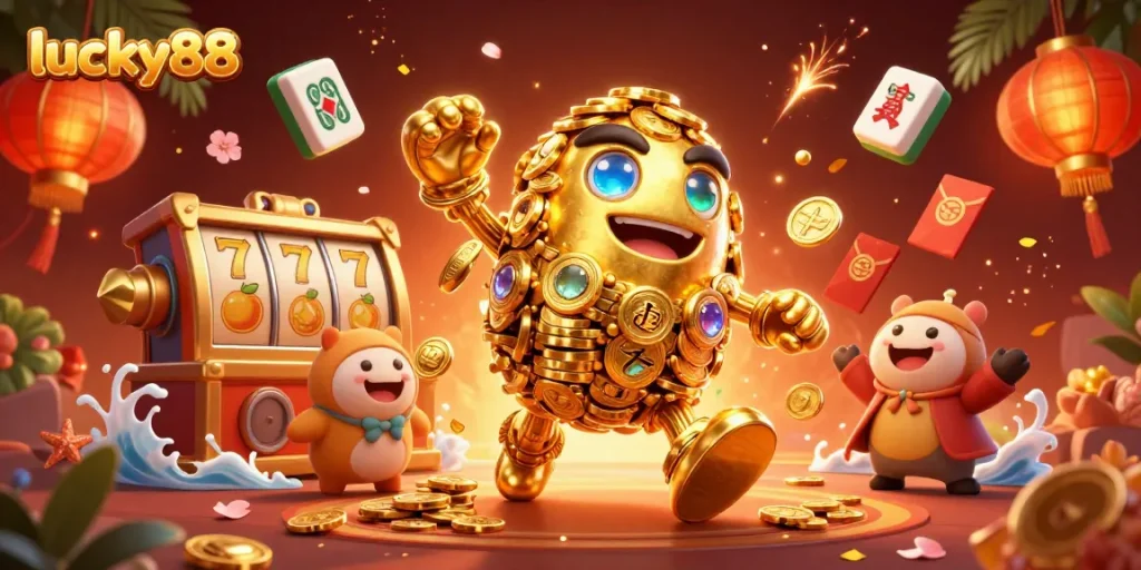 Experience lucky88 with a golden golem surrounded by vibrant slot game elements and fireworks.