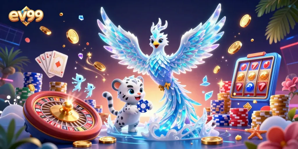 ev99 reveals exciting casino action with a vibrant 3D scene showcasing a phoenix and poker elements