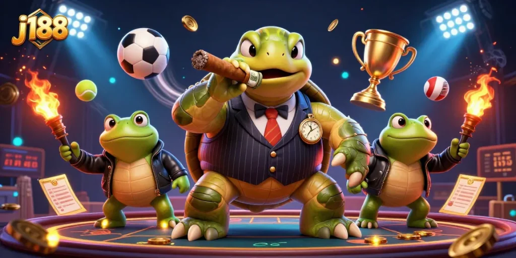 Bet on thrilling moments at j188 with an intense 3D casino scene featuring vibrant characters.
