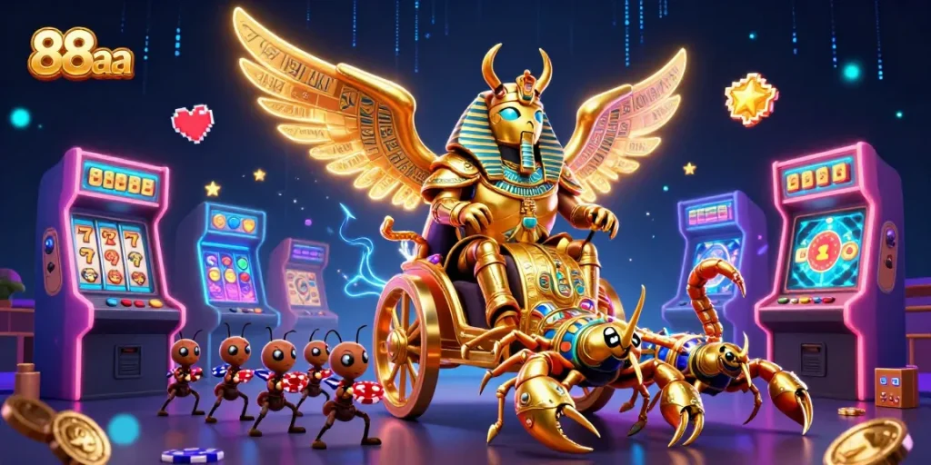 Engage in thrilling casino adventures with 88aa's vivid 3D casino scene featuring dynamic characters and gaming elements.