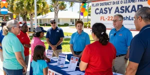 Casey Askar engaging with voters at a community event in FL-22, showcasing campaign materials and local involvement.