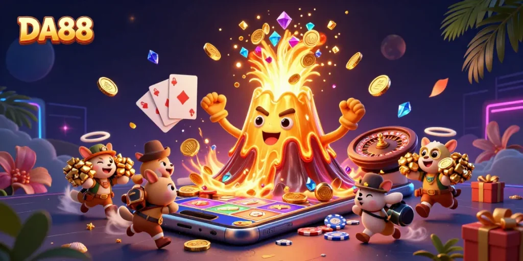 Experience DA88's thrilling eruption of treasures in a vibrant casino scene.