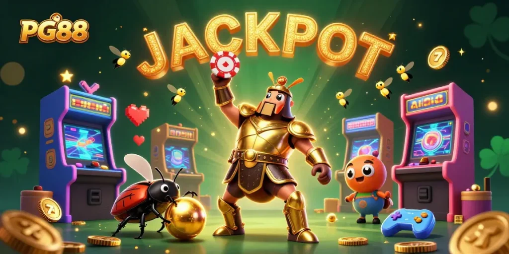 Experience the thrill of PG88 with a victorious beetle, jackpot lights, and colorful gaming elements.