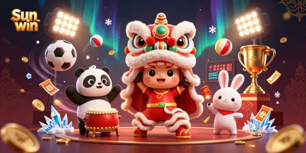 Engage with Sun win through dynamic sports betting in a vibrant casino scene with festive characters.