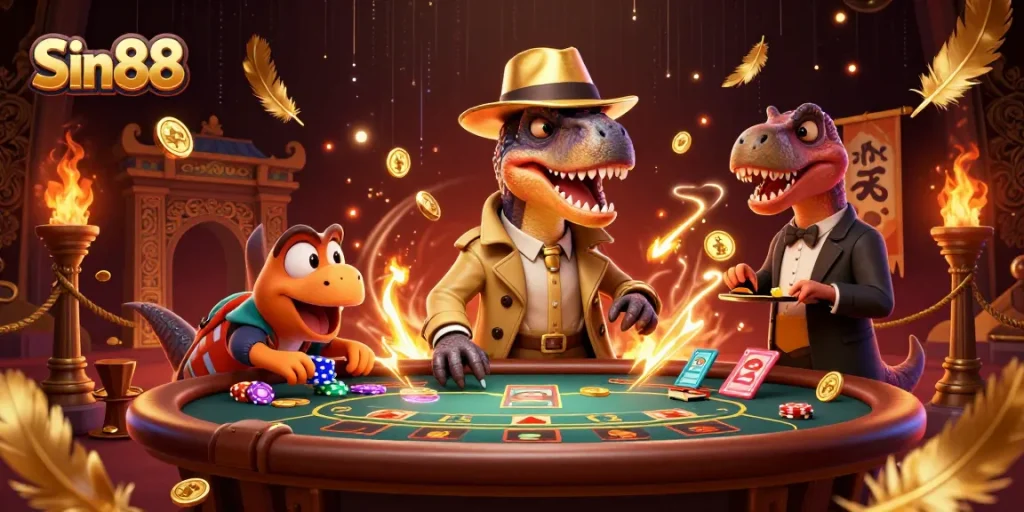 Sin88 showcases a playful velociraptor card counter at a lively blackjack table.