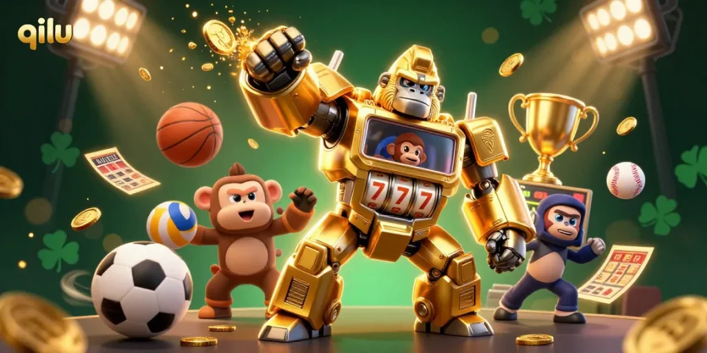 Visualize the vibrant qilu casino world with a dynamic gorilla mech and sports elements bursting with excitement.