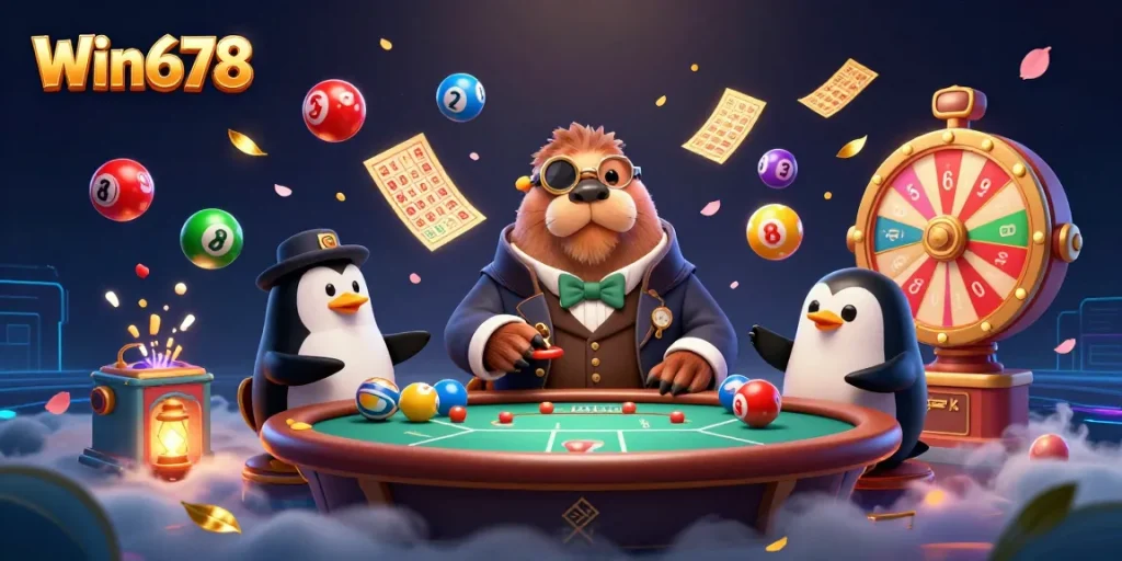 Win678 players enjoy underwater poker action with vibrant game elements in a dynamic illustration.