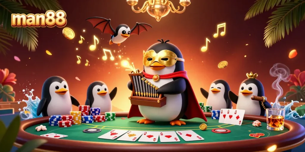 Action-packed scene of man88 casino game with a penguin organist and acrobat above.
